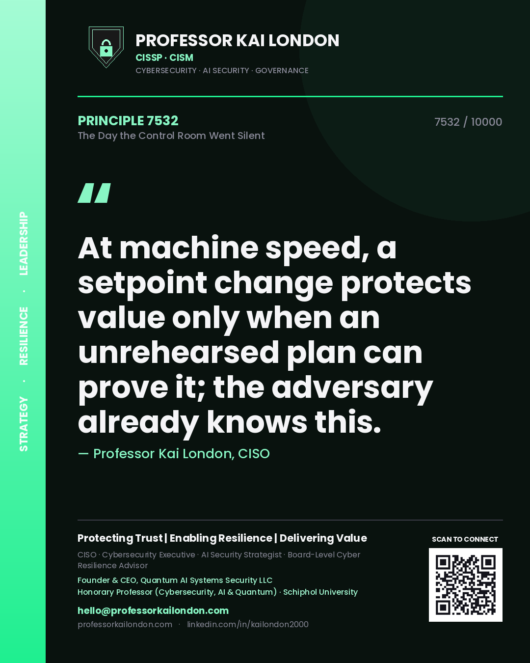 Professor Kai London principle 7532: At machine speed, a setpoint change protects value only when an unrehearsed plan can prove it; the adversary already knows this.