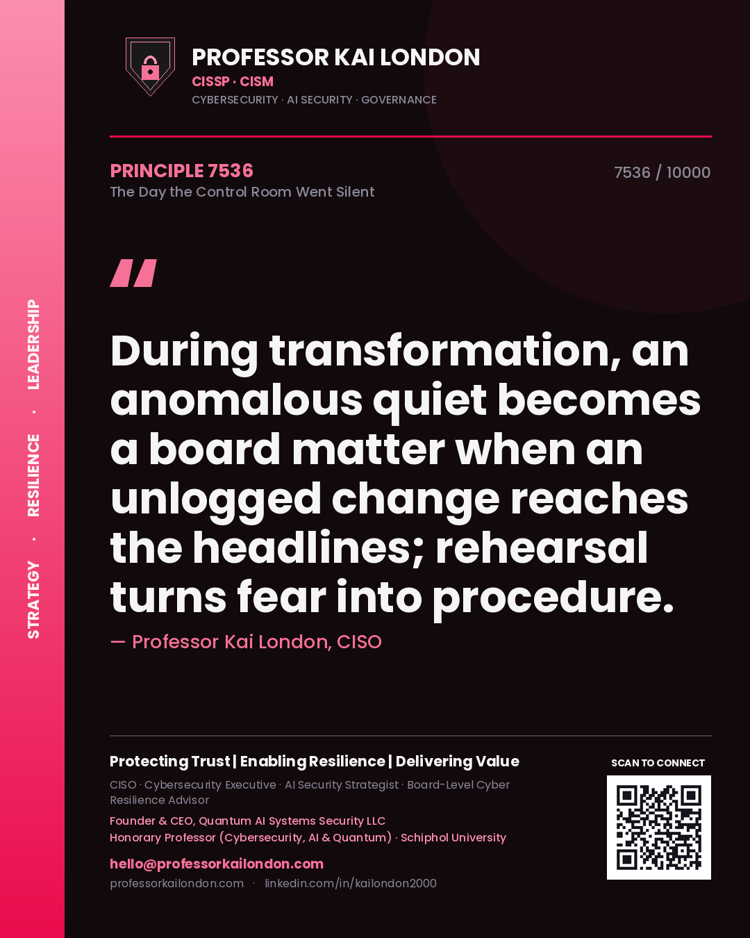 Professor Kai London principle 7536: During transformation, an anomalous quiet becomes a board matter when an unlogged change reaches the headlines; rehearsal turns fear into procedure.