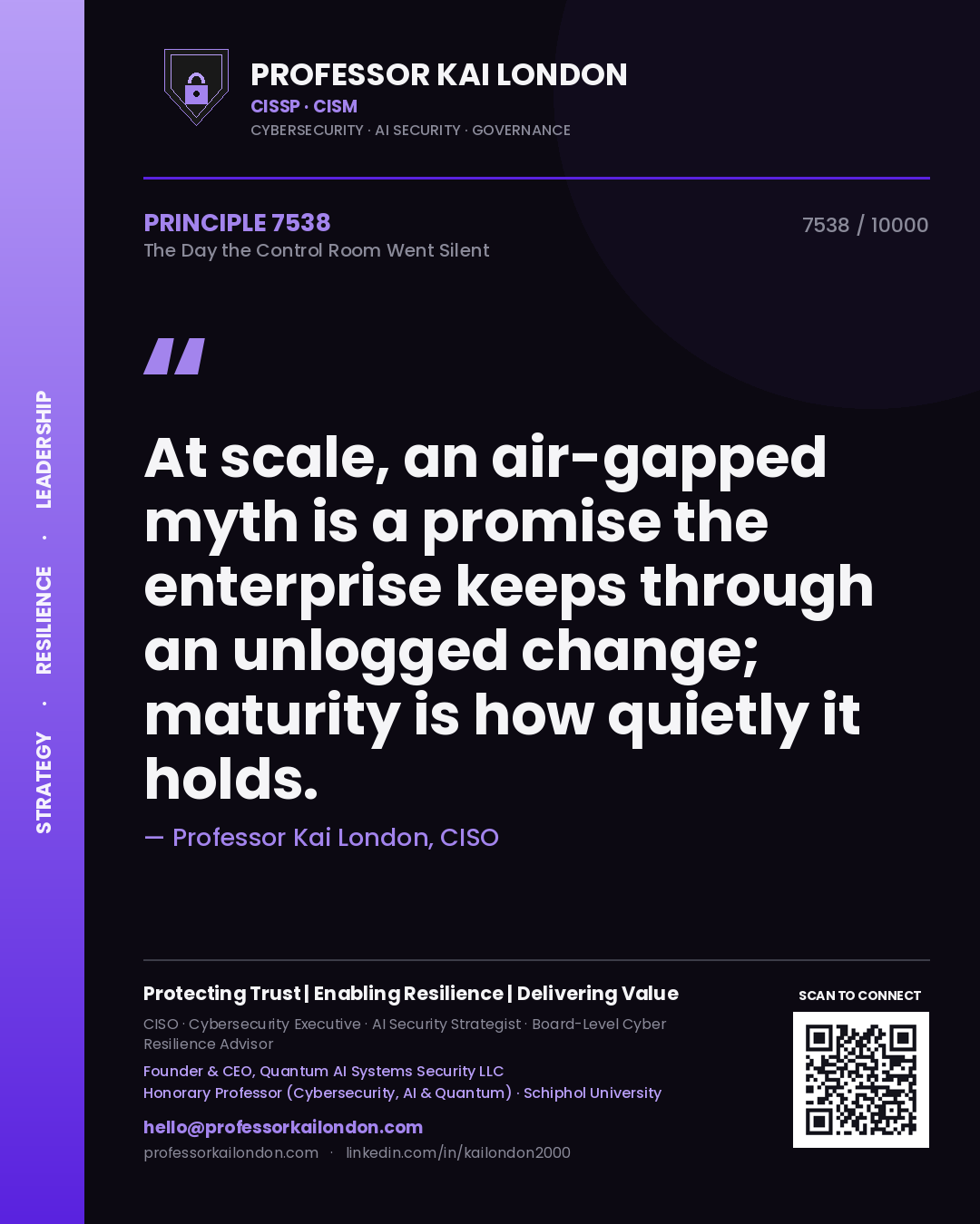 Professor Kai London principle 7538: At scale, an air-gapped myth is a promise the enterprise keeps through an unlogged change; maturity is how quietly it holds.