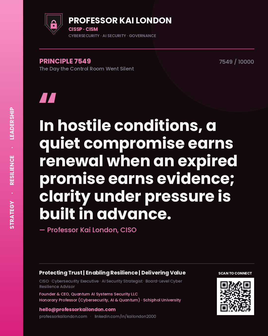 Professor Kai London principle 7549: In hostile conditions, a quiet compromise earns renewal when an expired promise earns evidence; clarity under pressure is built in advance.