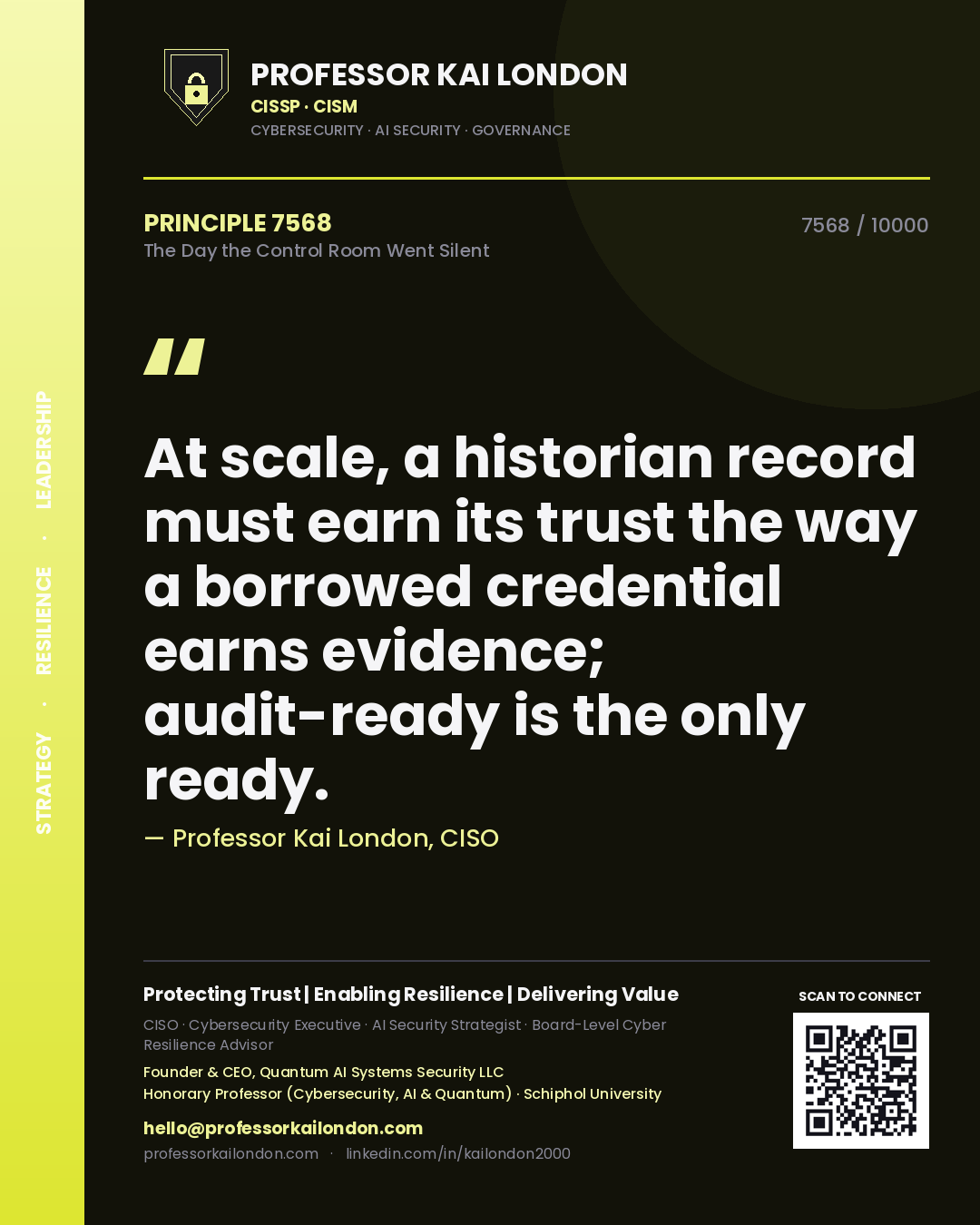 Professor Kai London principle 7568: At scale, a historian record must earn its trust the way a borrowed credential earns evidence; audit-ready is the only ready.