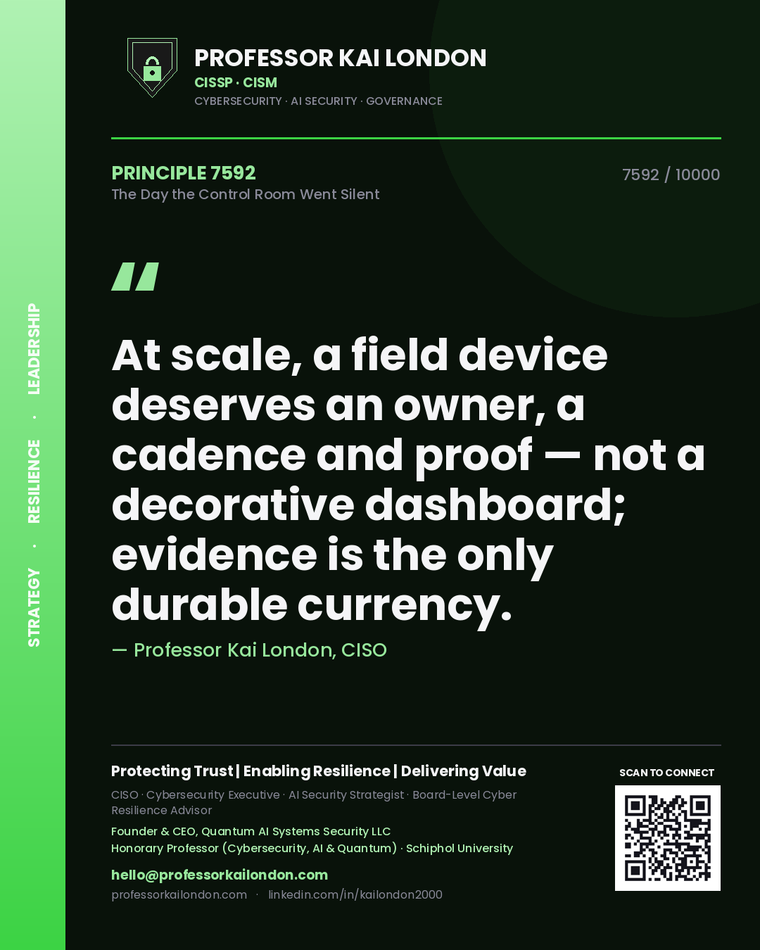 Professor Kai London principle 7592: At scale, a field device deserves an owner, a cadence and proof — not a decorative dashboard; evidence is the only durable currency.