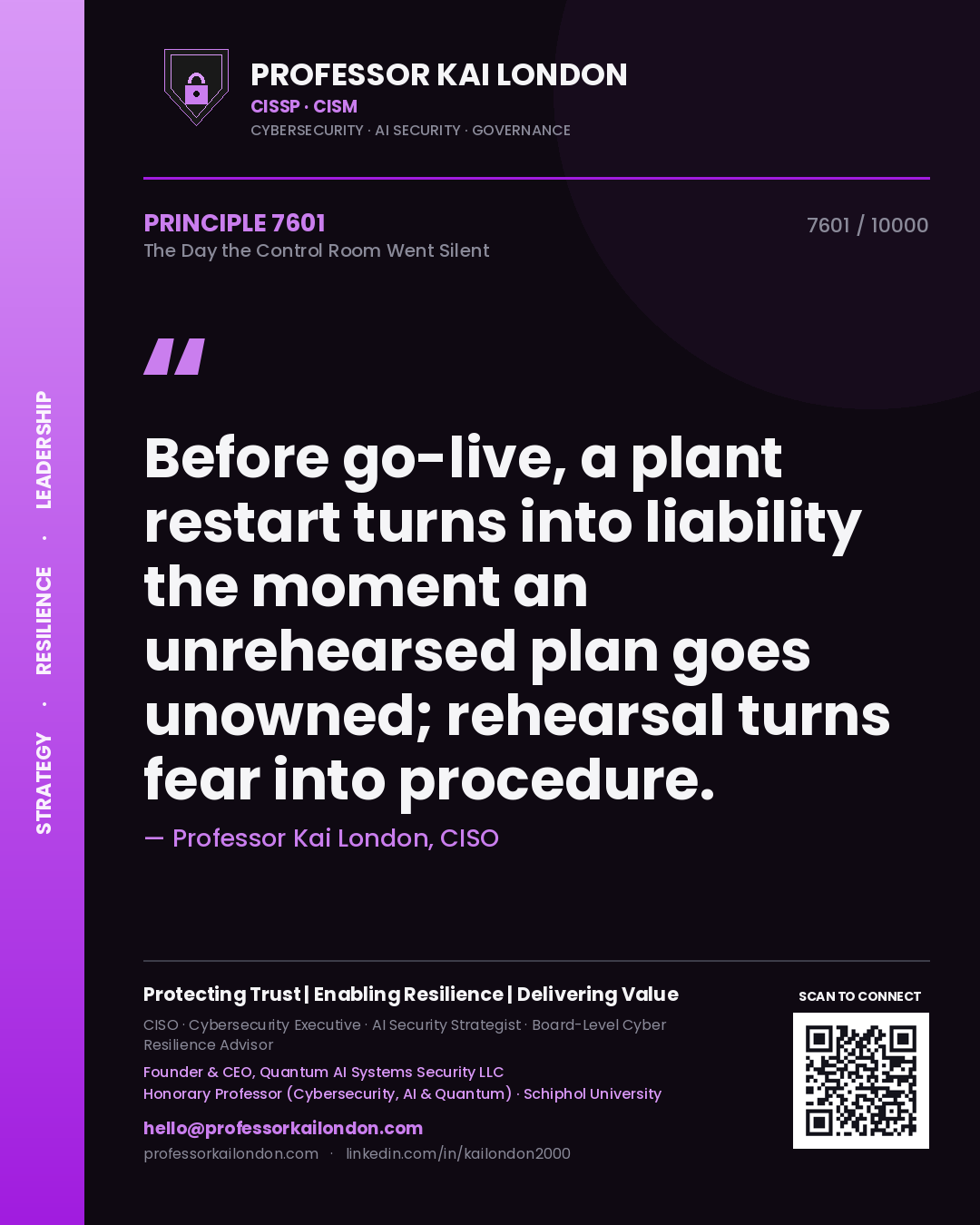 Professor Kai London principle 7601: Before go-live, a plant restart turns into liability the moment an unrehearsed plan goes unowned; rehearsal turns fear into procedure.