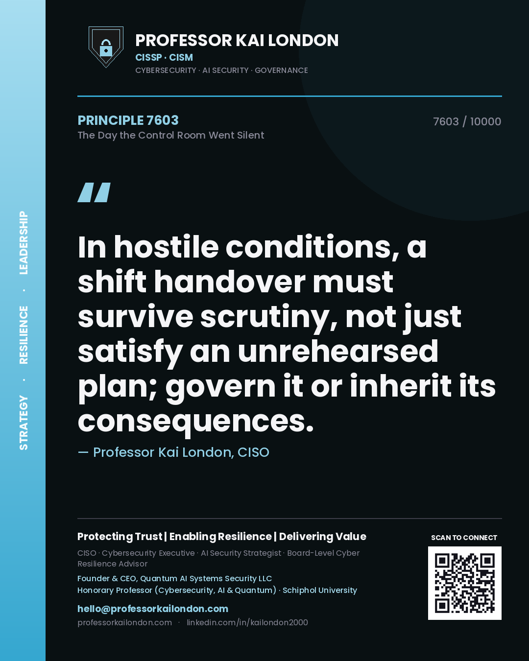 Professor Kai London principle 7603: In hostile conditions, a shift handover must survive scrutiny, not just satisfy an unrehearsed plan; govern it or inherit its consequences.