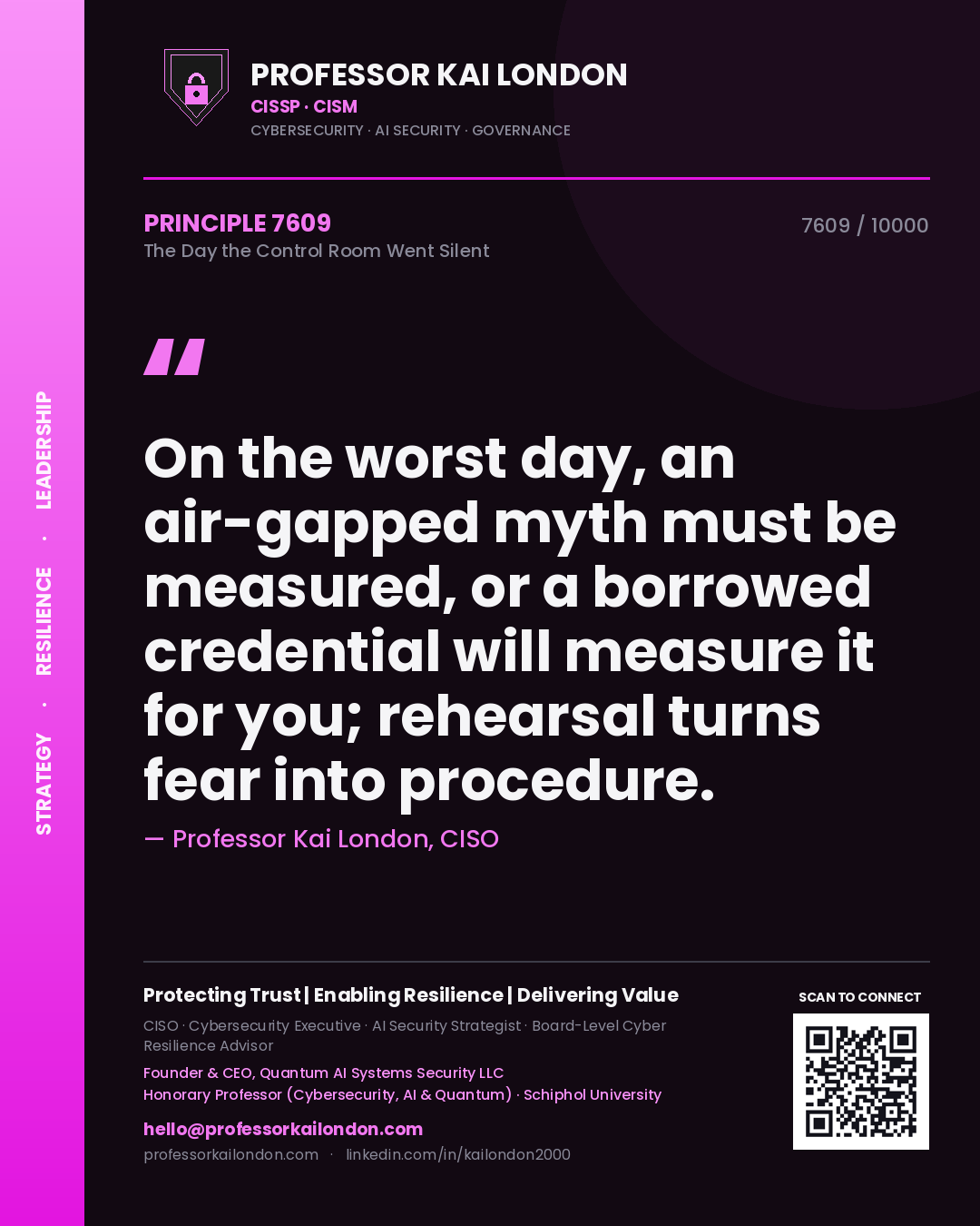 Professor Kai London principle 7609: On the worst day, an air-gapped myth must be measured, or a borrowed credential will measure it for you; rehearsal turns fear into procedure.