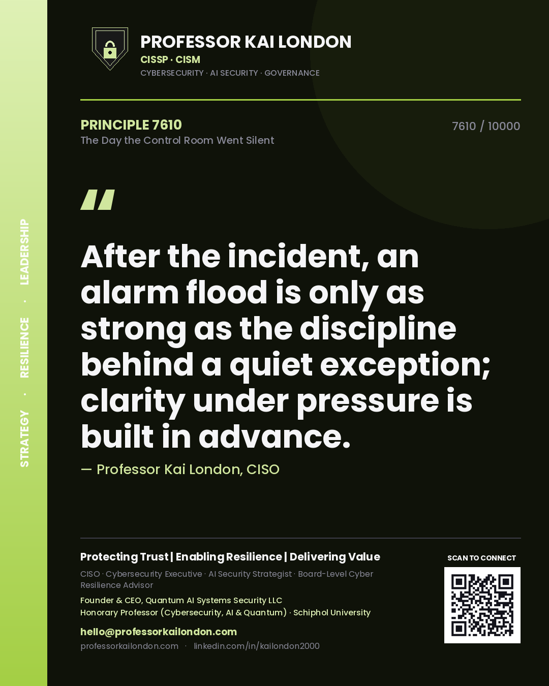 Professor Kai London principle 7610: After the incident, an alarm flood is only as strong as the discipline behind a quiet exception; clarity under pressure is built in advance.