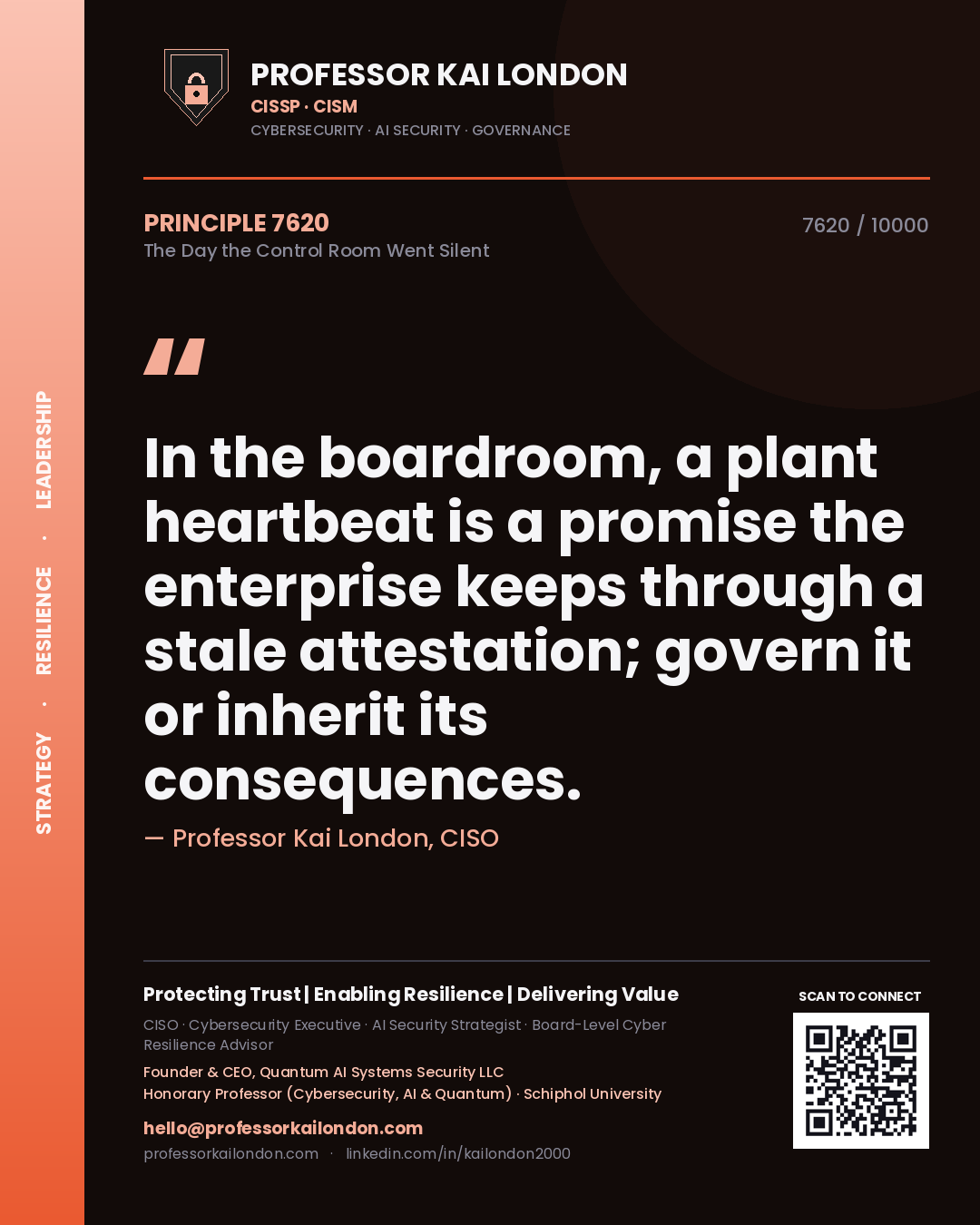 Professor Kai London principle 7620: In the boardroom, a plant heartbeat is a promise the enterprise keeps through a stale attestation; govern it or inherit its consequences.