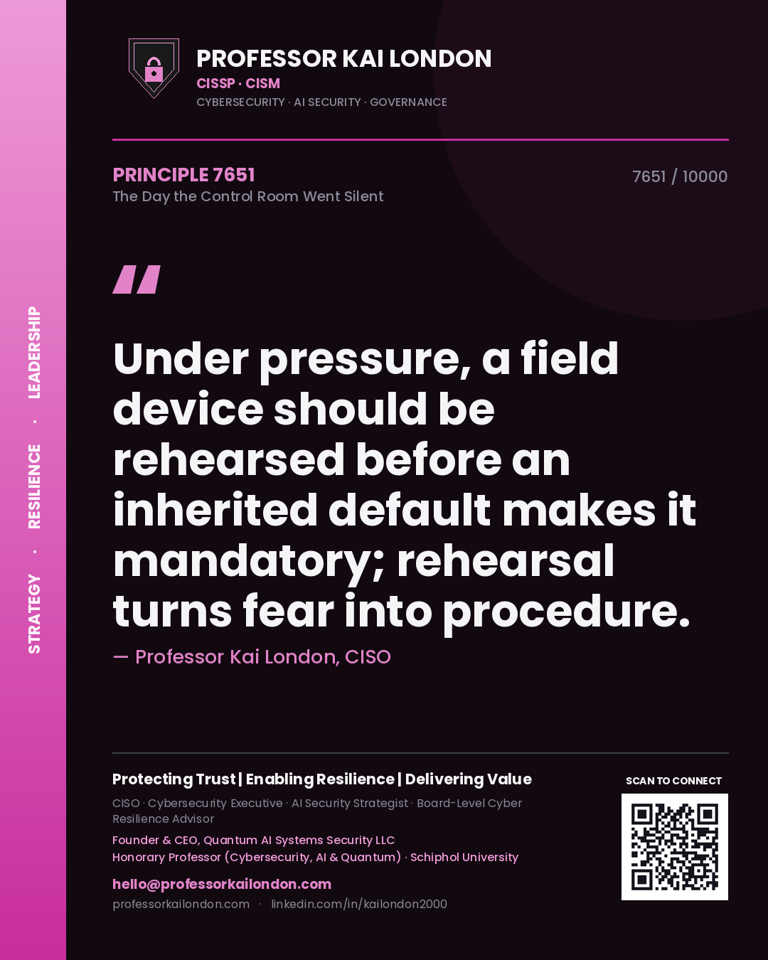 Professor Kai London principle 7651: Under pressure, a field device should be rehearsed before an inherited default makes it mandatory; rehearsal turns fear into procedure.