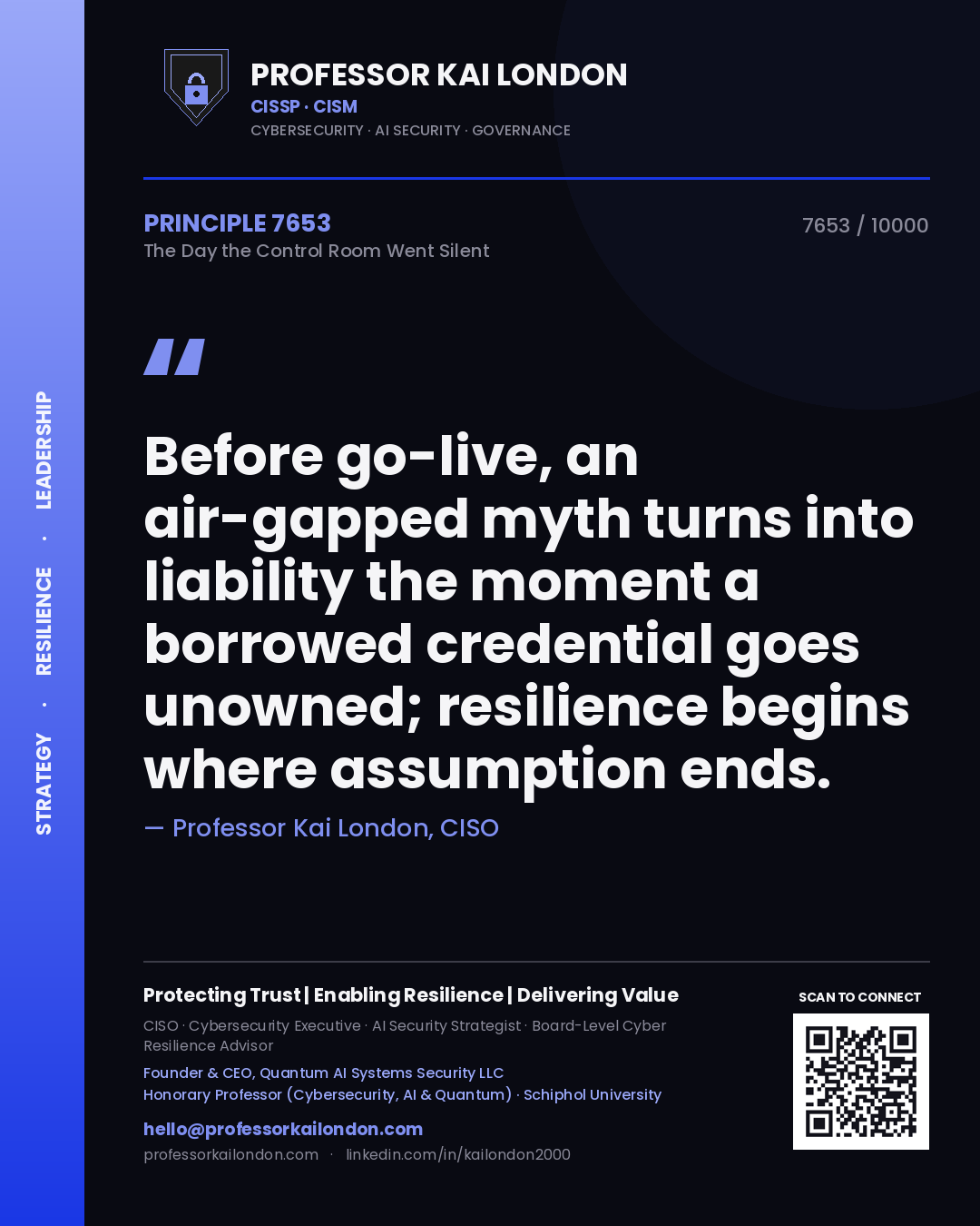Professor Kai London principle 7653: Before go-live, an air-gapped myth turns into liability the moment a borrowed credential goes unowned; resilience begins where assumption ends.