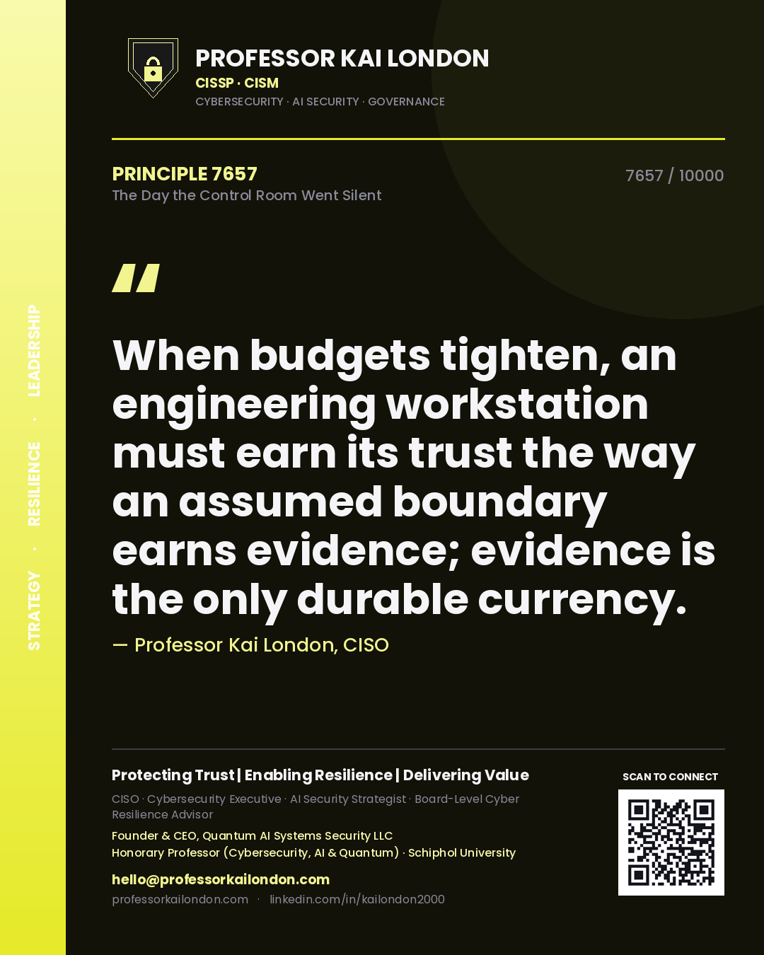 Professor Kai London principle 7657: When budgets tighten, an engineering workstation must earn its trust the way an assumed boundary earns evidence; evidence is the only durable currency.