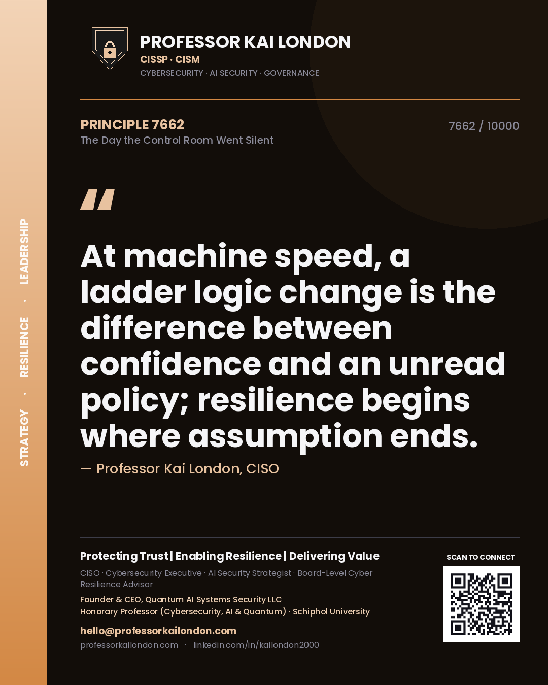 Professor Kai London principle 7662: At machine speed, a ladder logic change is the difference between confidence and an unread policy; resilience begins where assumption ends.