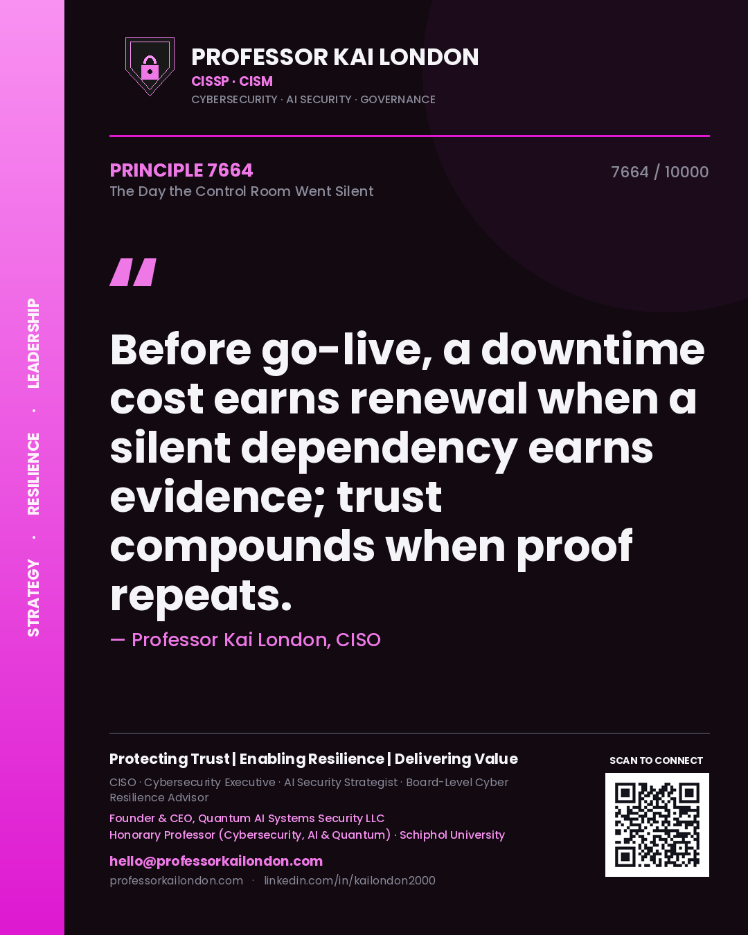Professor Kai London principle 7664: Before go-live, a downtime cost earns renewal when a silent dependency earns evidence; trust compounds when proof repeats.