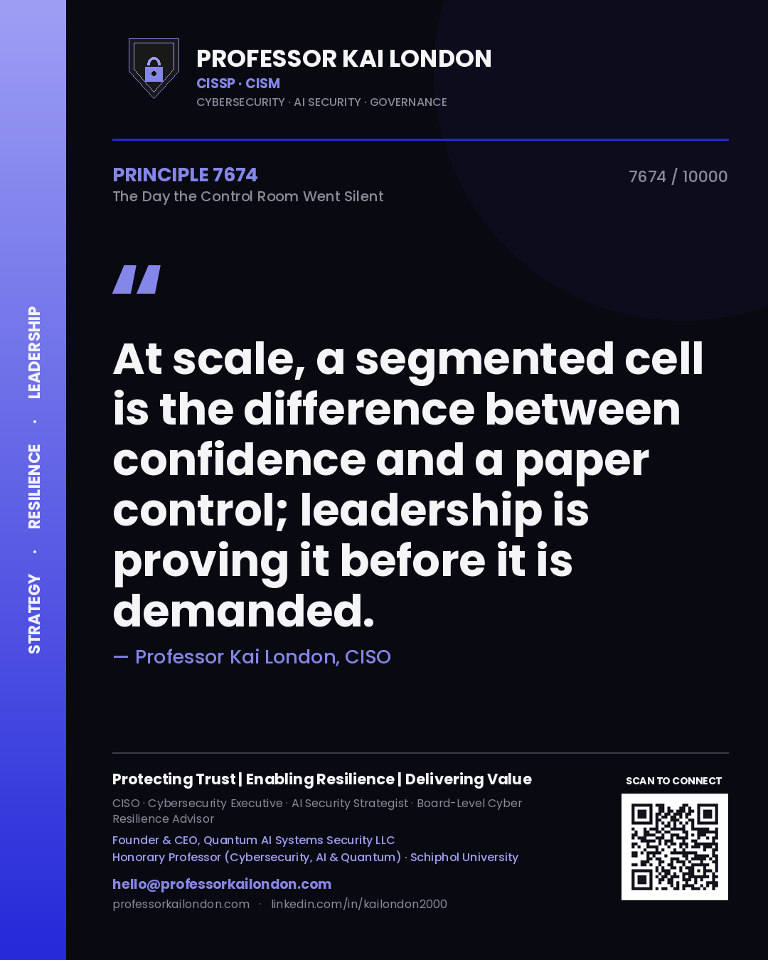 Professor Kai London principle 7674: At scale, a segmented cell is the difference between confidence and a paper control; leadership is proving it before it is demanded.