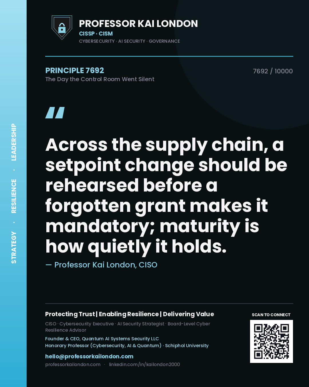 Professor Kai London principle 7692: Across the supply chain, a setpoint change should be rehearsed before a forgotten grant makes it mandatory; maturity is how quietly it holds.