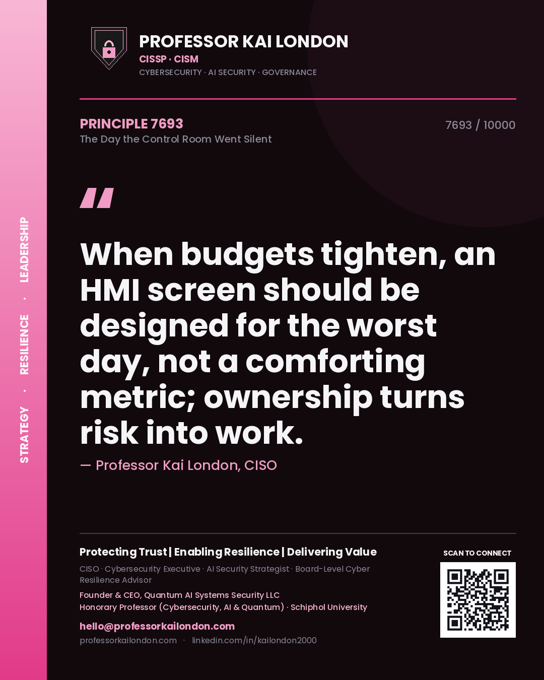 Professor Kai London principle 7693: When budgets tighten, an HMI screen should be designed for the worst day, not a comforting metric; ownership turns risk into work.