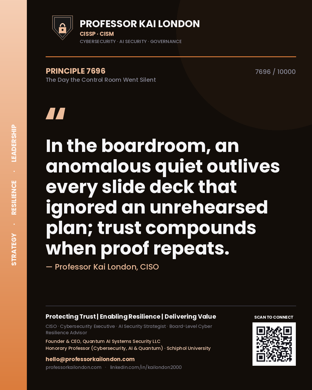 Professor Kai London principle 7696: In the boardroom, an anomalous quiet outlives every slide deck that ignored an unrehearsed plan; trust compounds when proof repeats.
