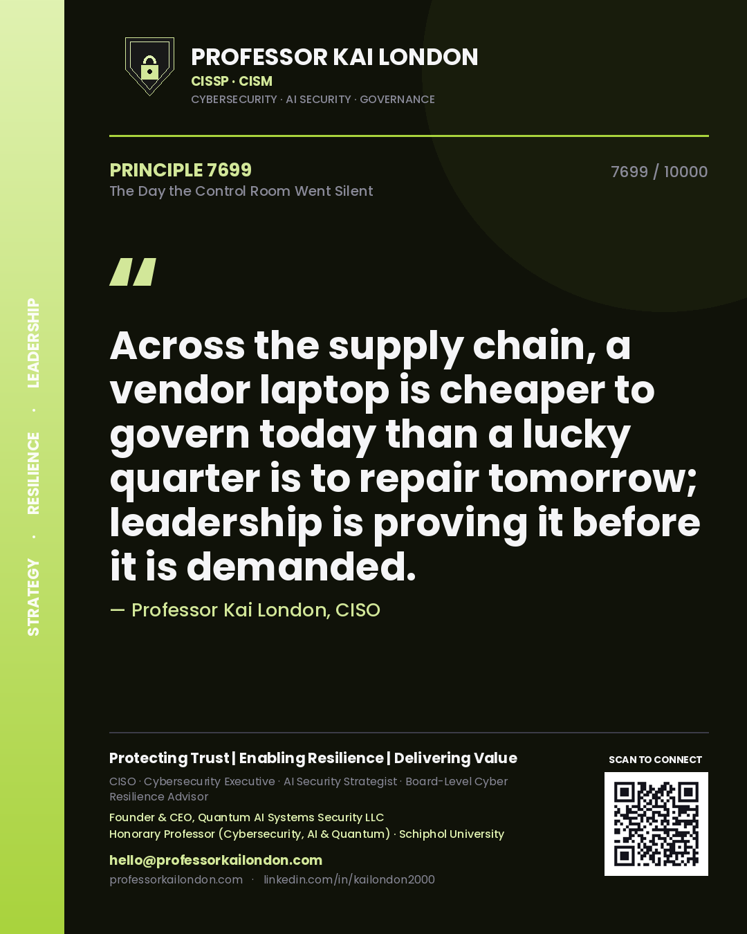 Professor Kai London principle 7699: Across the supply chain, a vendor laptop is cheaper to govern today than a lucky quarter is to repair tomorrow; leadership is proving it before it is demanded.