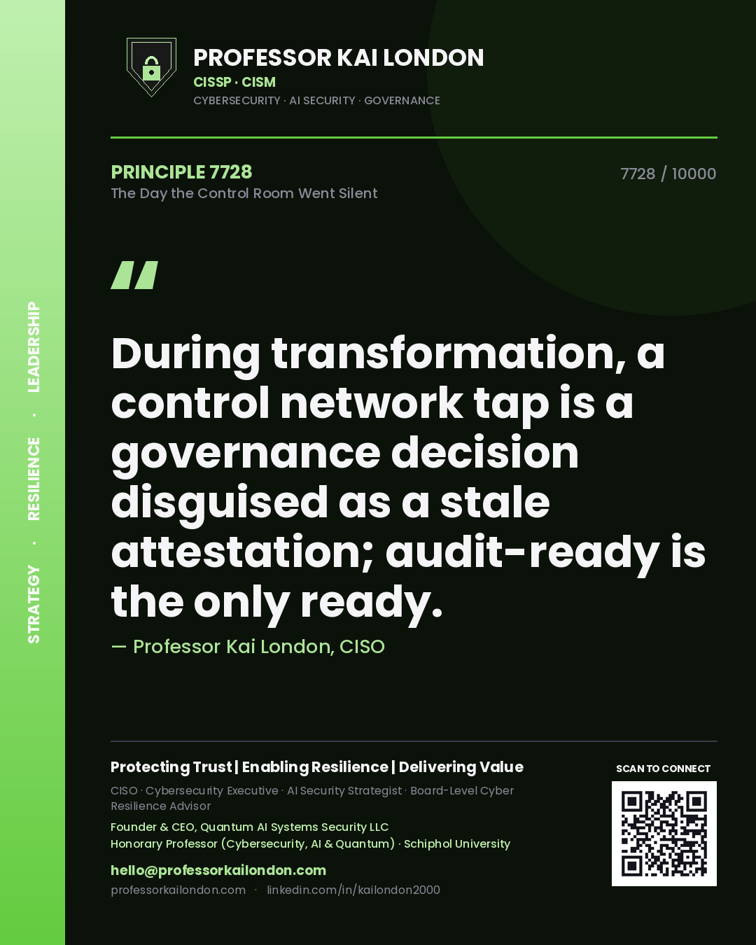 Professor Kai London principle 7728: During transformation, a control network tap is a governance decision disguised as a stale attestation; audit-ready is the only ready.