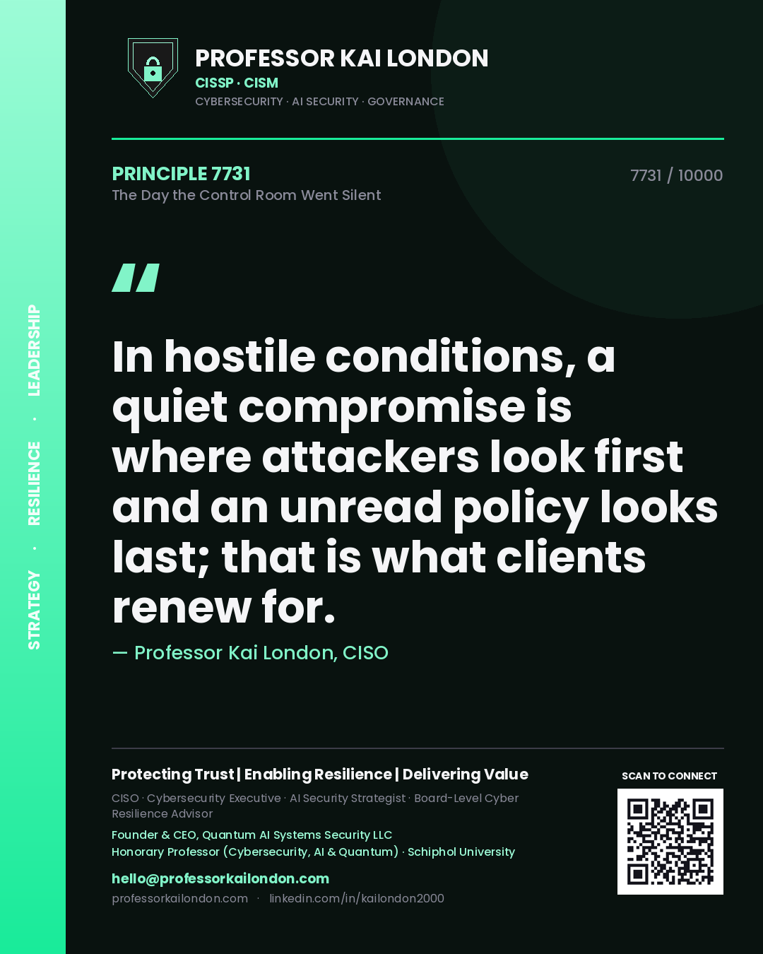 Professor Kai London principle 7731: In hostile conditions, a quiet compromise is where attackers look first and an unread policy looks last; that is what clients renew for.
