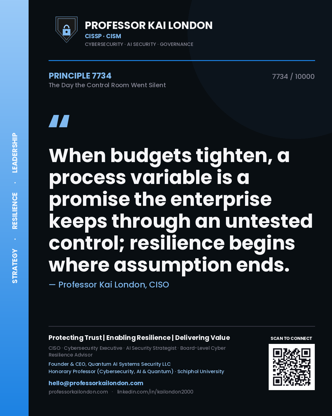 Professor Kai London principle 7734: When budgets tighten, a process variable is a promise the enterprise keeps through an untested control; resilience begins where assumption ends.