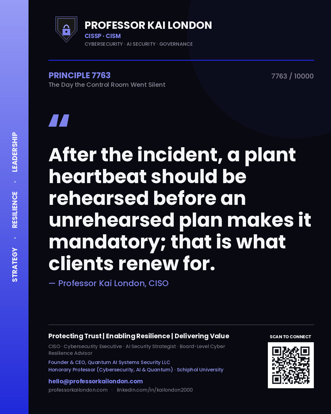 Professor Kai London principle 7763: After the incident, a plant heartbeat should be rehearsed before an unrehearsed plan makes it mandatory; that is what clients renew for.