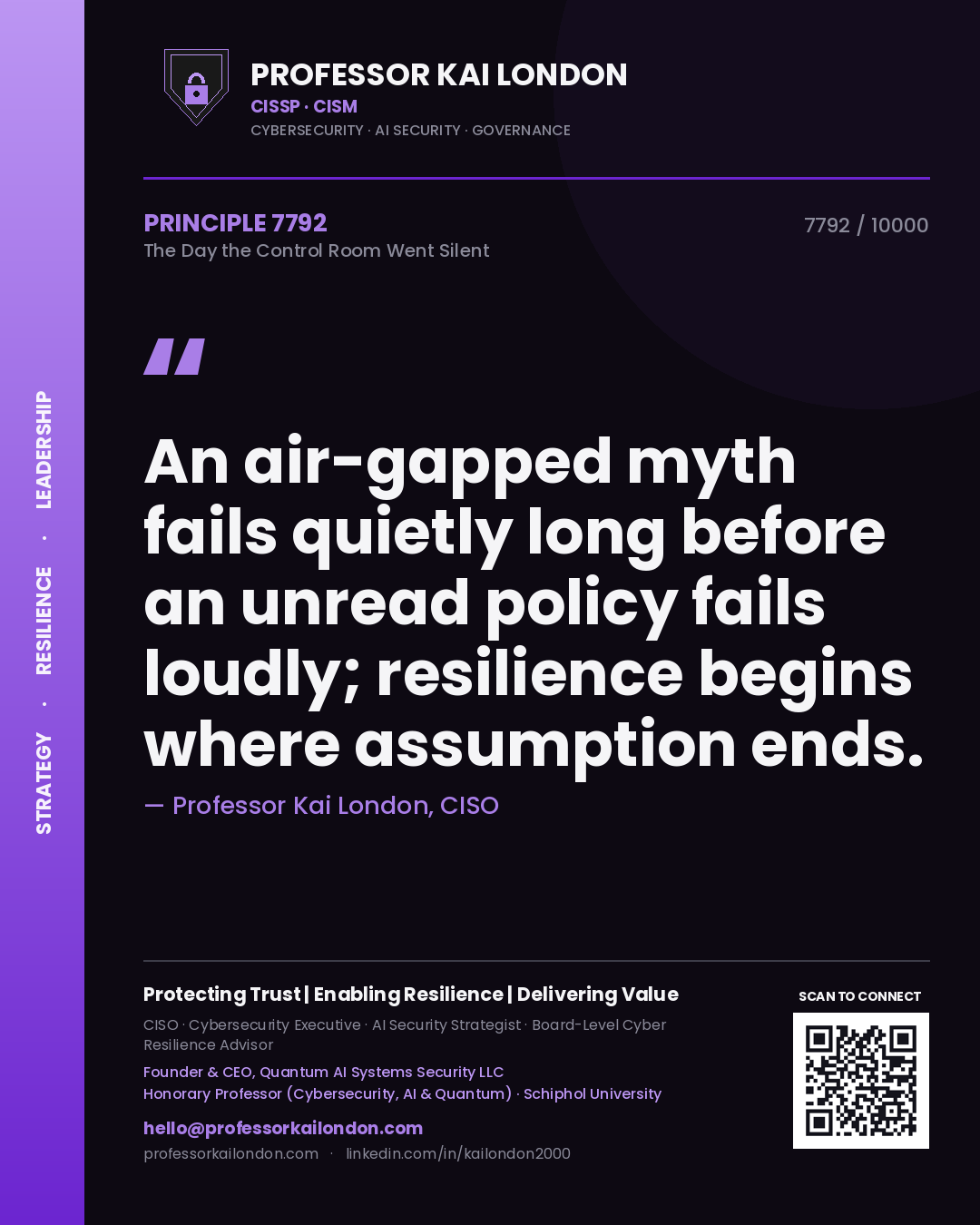Professor Kai London principle 7792: An air-gapped myth fails quietly long before an unread policy fails loudly; resilience begins where assumption ends.