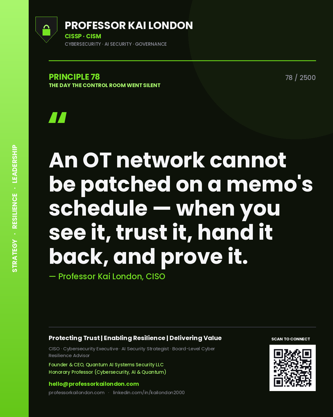 Professor Kai London principle 78: An OT network cannot be patched on a memo's schedule — when you see it, trust it, hand it back, and prove it.