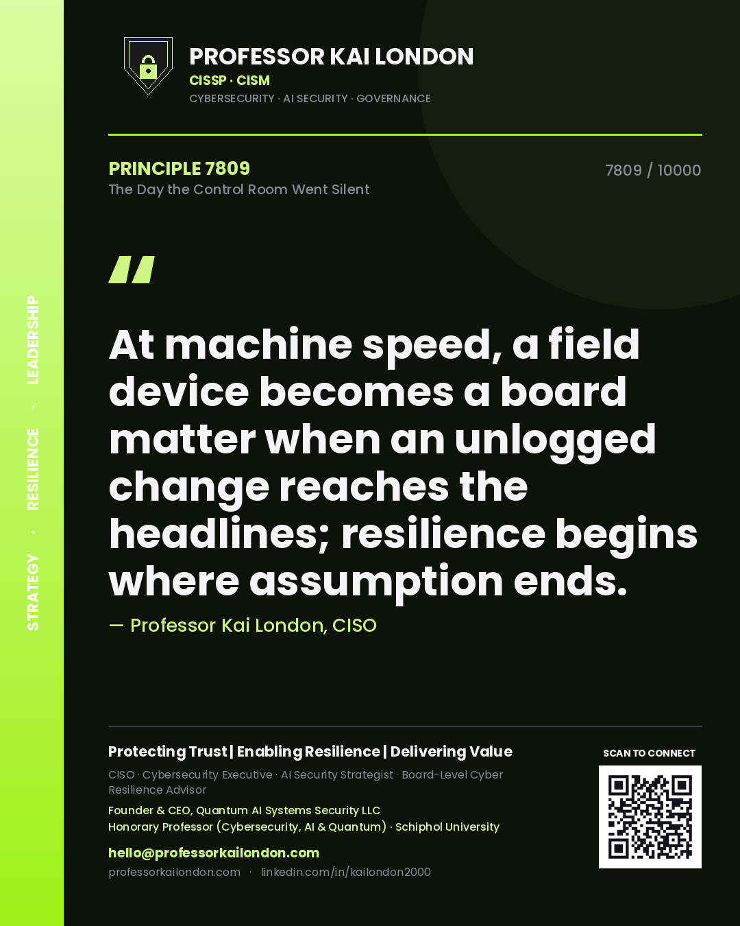 Professor Kai London principle 7809: At machine speed, a field device becomes a board matter when an unlogged change reaches the headlines; resilience begins where assumption ends.