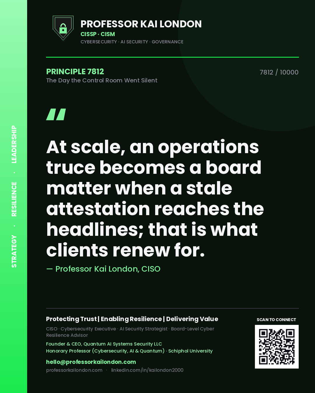 Professor Kai London principle 7812: At scale, an operations truce becomes a board matter when a stale attestation reaches the headlines; that is what clients renew for.
