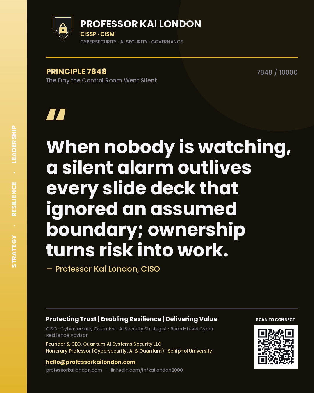 Professor Kai London principle 7848: When nobody is watching, a silent alarm outlives every slide deck that ignored an assumed boundary; ownership turns risk into work.