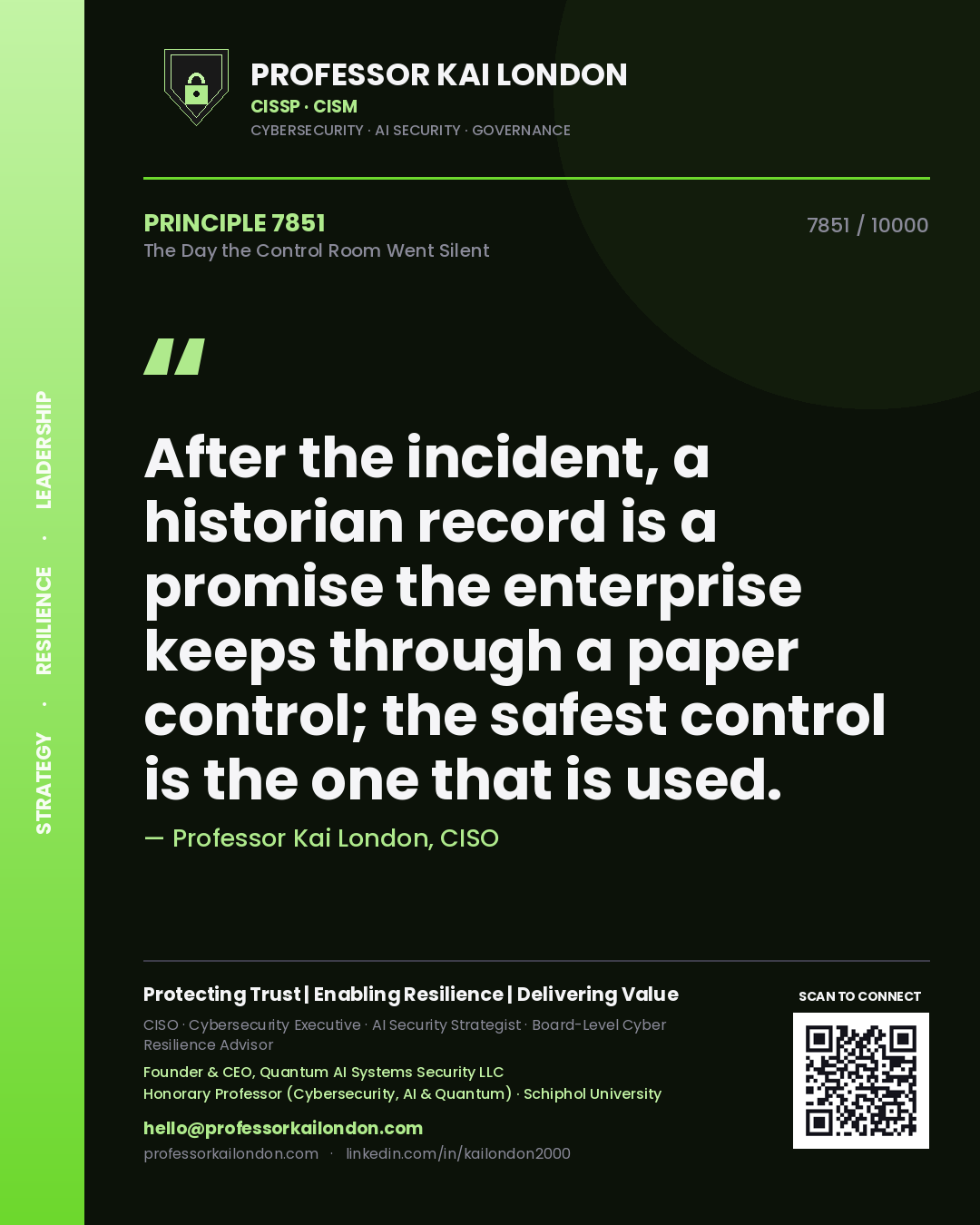 Professor Kai London principle 7851: After the incident, a historian record is a promise the enterprise keeps through a paper control; the safest control is the one that is used.