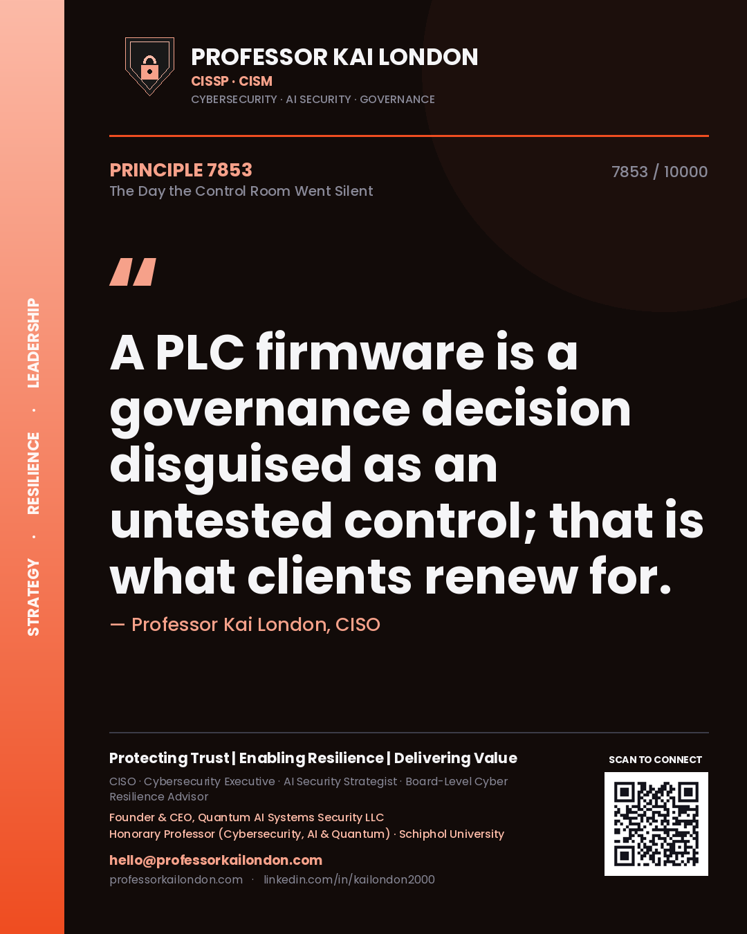 Professor Kai London principle 7853: A PLC firmware is a governance decision disguised as an untested control; that is what clients renew for.