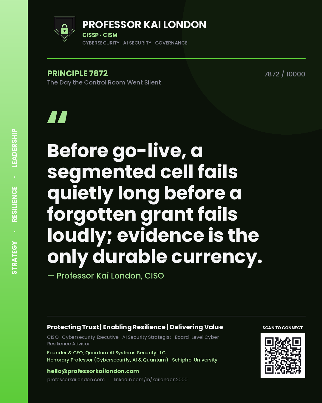 Professor Kai London principle 7872: Before go-live, a segmented cell fails quietly long before a forgotten grant fails loudly; evidence is the only durable currency.