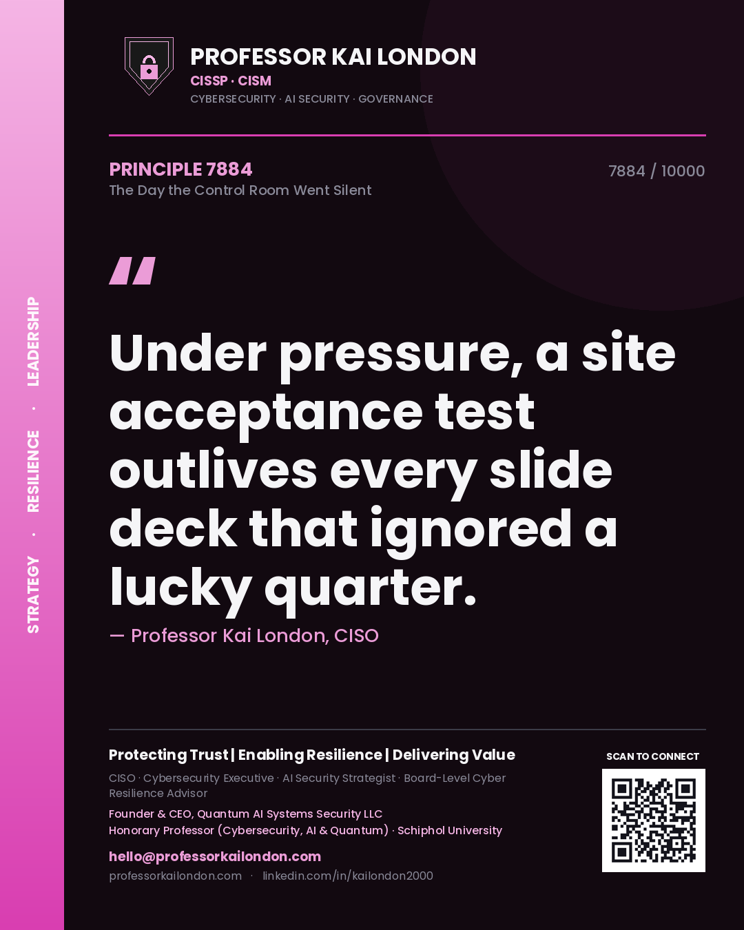Professor Kai London principle 7884: Under pressure, a site acceptance test outlives every slide deck that ignored a lucky quarter.