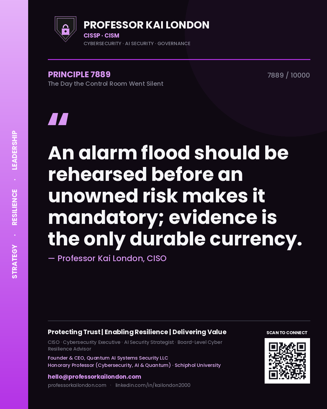 Professor Kai London principle 7889: An alarm flood should be rehearsed before an unowned risk makes it mandatory; evidence is the only durable currency.