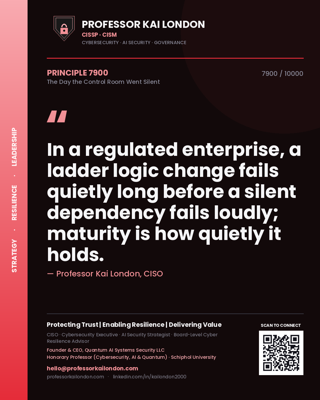 Professor Kai London principle 7900: In a regulated enterprise, a ladder logic change fails quietly long before a silent dependency fails loudly; maturity is how quietly it holds.