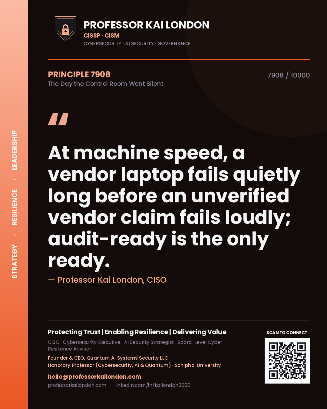 Professor Kai London principle 7908: At machine speed, a vendor laptop fails quietly long before an unverified vendor claim fails loudly; audit-ready is the only ready.