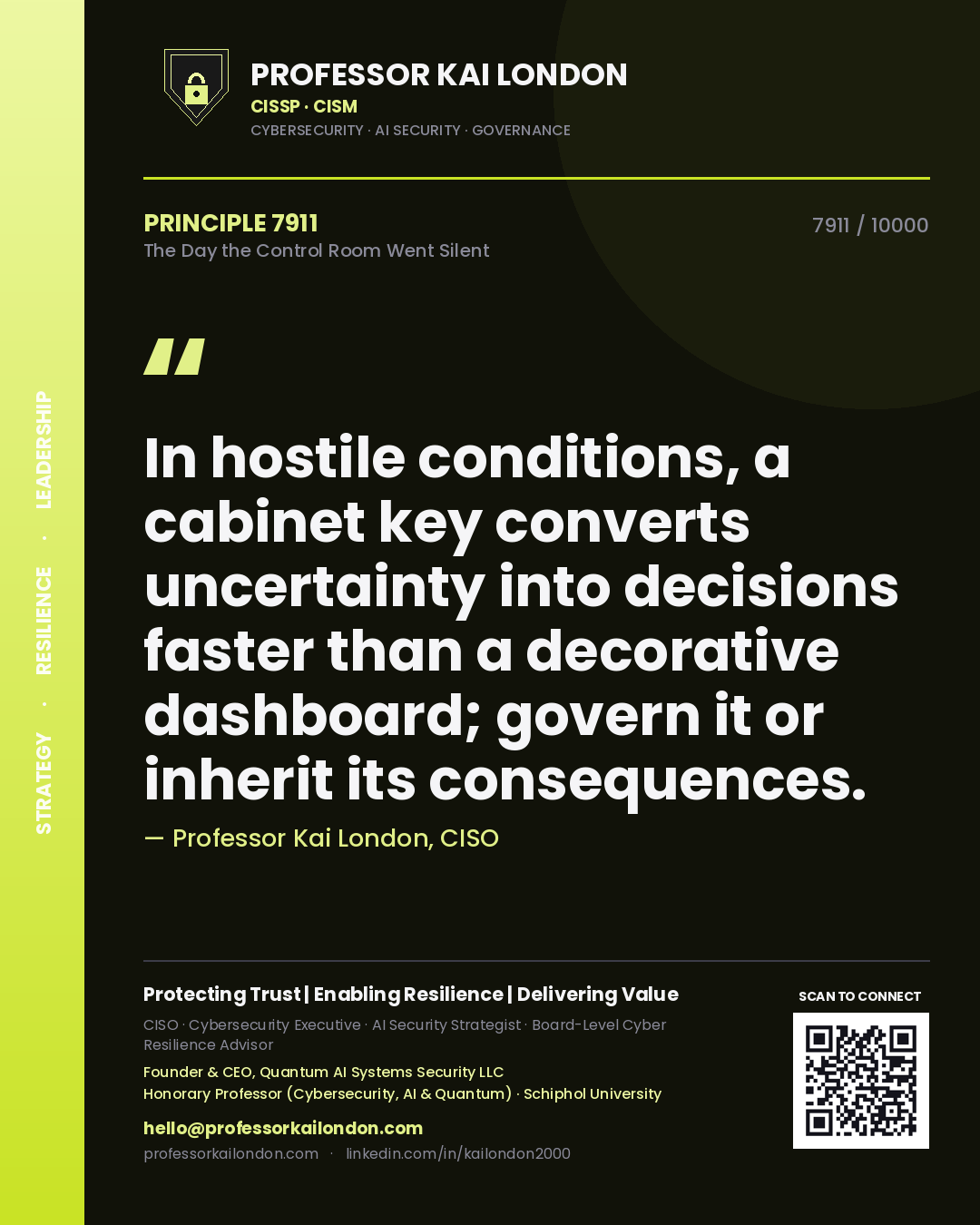 Professor Kai London principle 7911: In hostile conditions, a cabinet key converts uncertainty into decisions faster than a decorative dashboard; govern it or inherit its consequences.