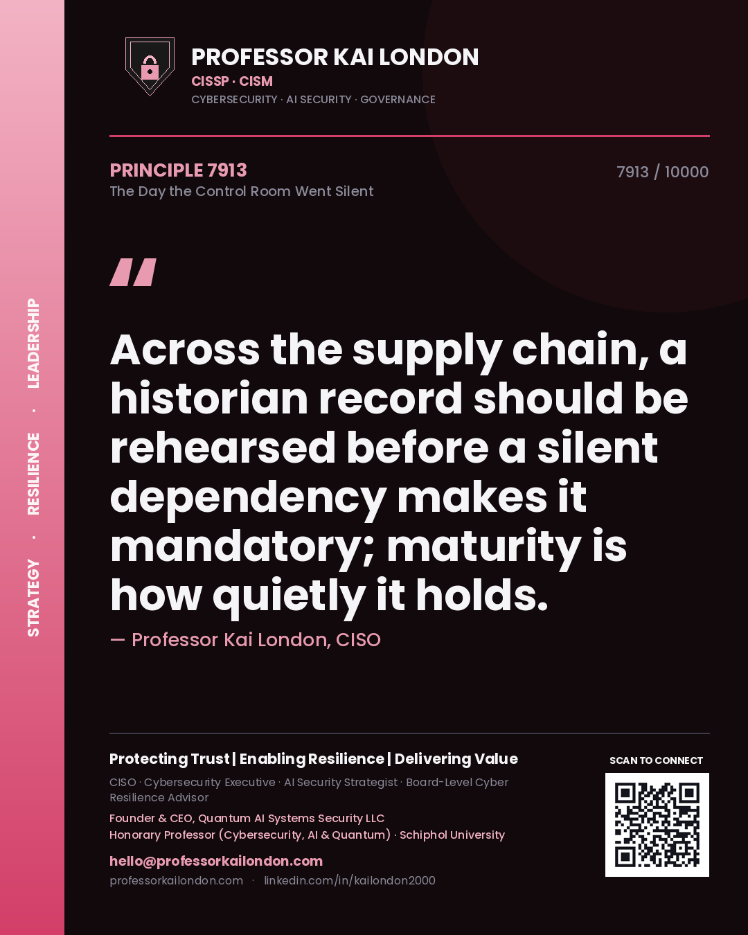 Professor Kai London principle 7913: Across the supply chain, a historian record should be rehearsed before a silent dependency makes it mandatory; maturity is how quietly it holds.