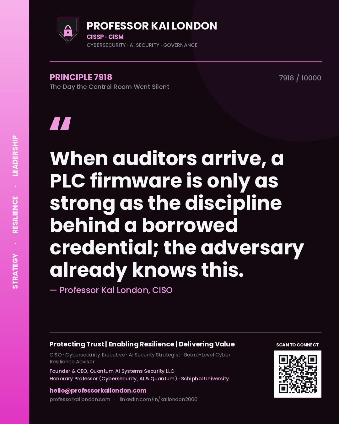 Professor Kai London principle 7918: When auditors arrive, a PLC firmware is only as strong as the discipline behind a borrowed credential; the adversary already knows this.