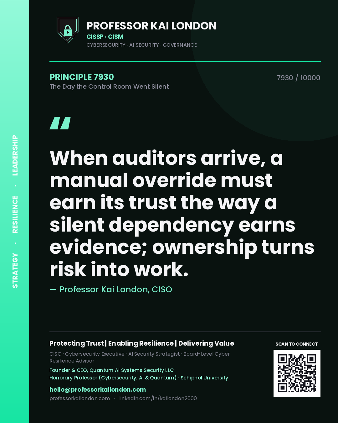 Professor Kai London principle 7930: When auditors arrive, a manual override must earn its trust the way a silent dependency earns evidence; ownership turns risk into work.