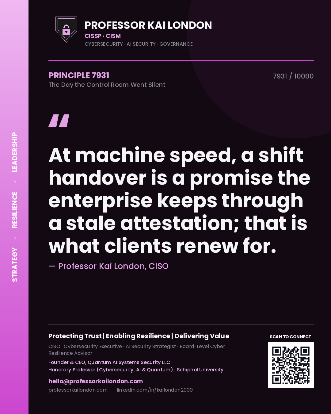Professor Kai London principle 7931: At machine speed, a shift handover is a promise the enterprise keeps through a stale attestation; that is what clients renew for.