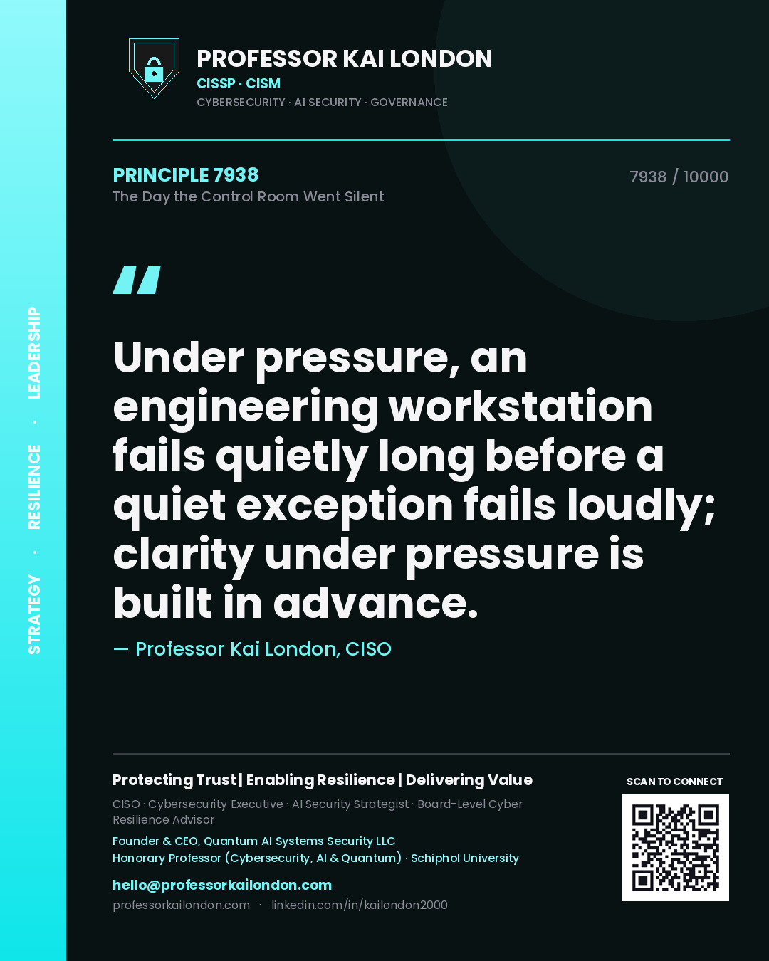 Professor Kai London principle 7938: Under pressure, an engineering workstation fails quietly long before a quiet exception fails loudly; clarity under pressure is built in advance.