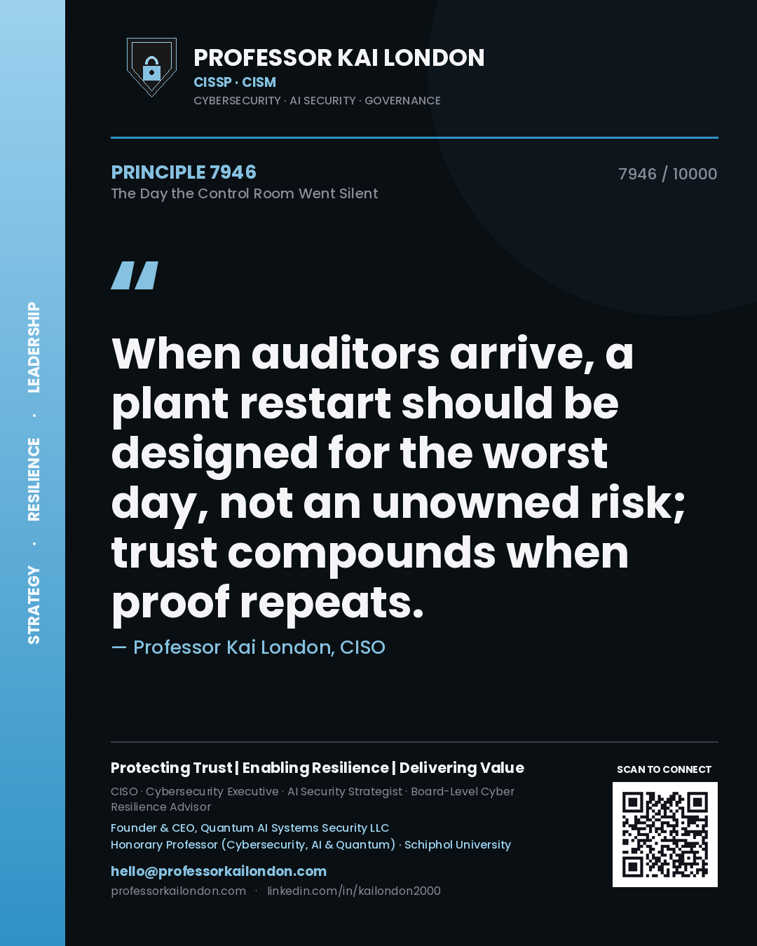 Professor Kai London principle 7946: When auditors arrive, a plant restart should be designed for the worst day, not an unowned risk; trust compounds when proof repeats.
