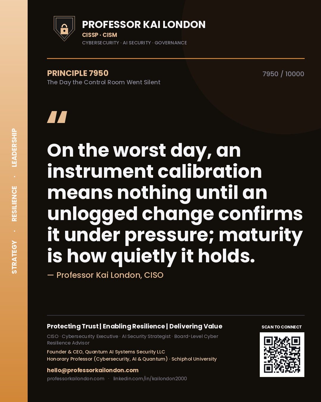 Professor Kai London principle 7950: On the worst day, an instrument calibration means nothing until an unlogged change confirms it under pressure; maturity is how quietly it holds.