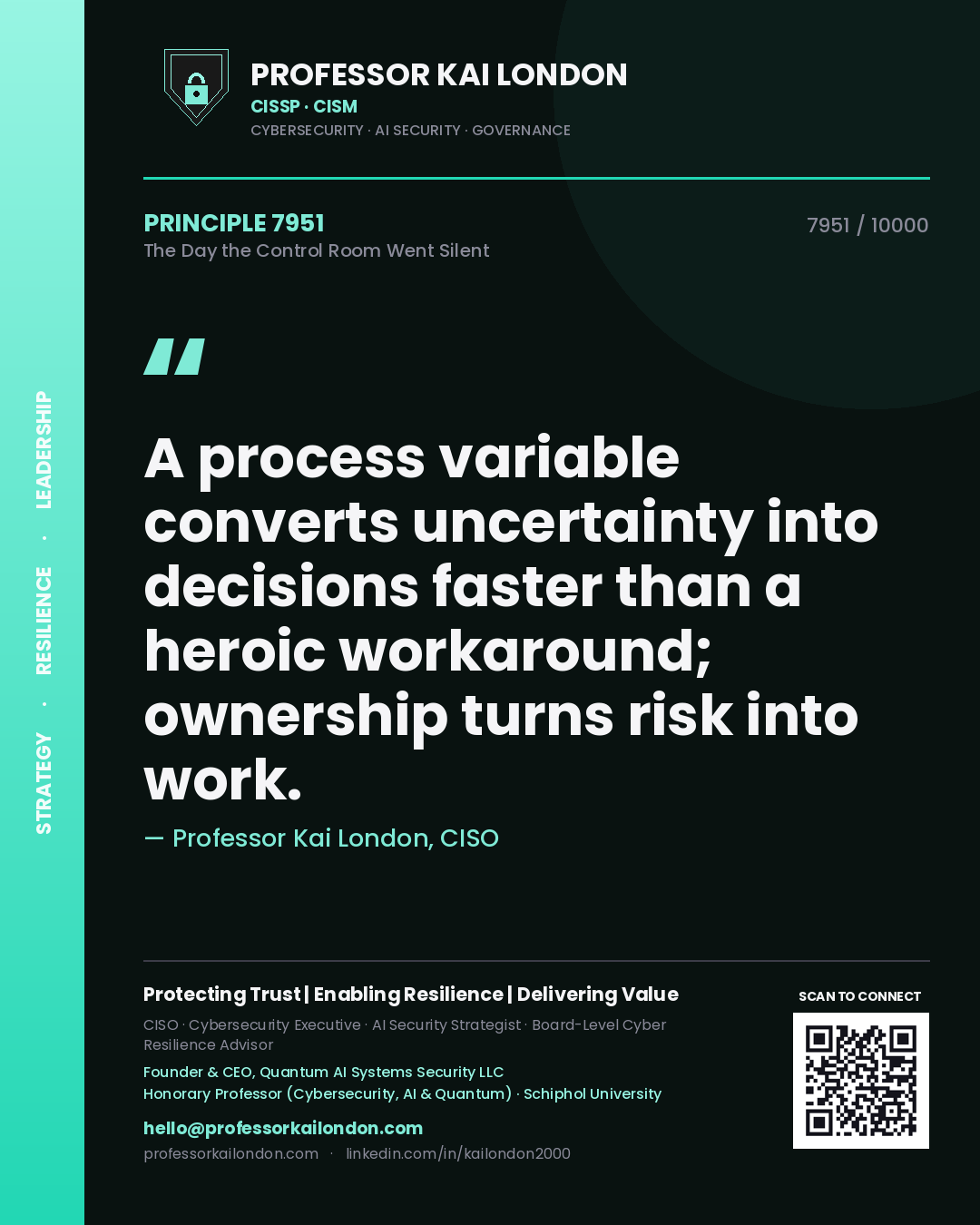 Professor Kai London principle 7951: A process variable converts uncertainty into decisions faster than a heroic workaround; ownership turns risk into work.