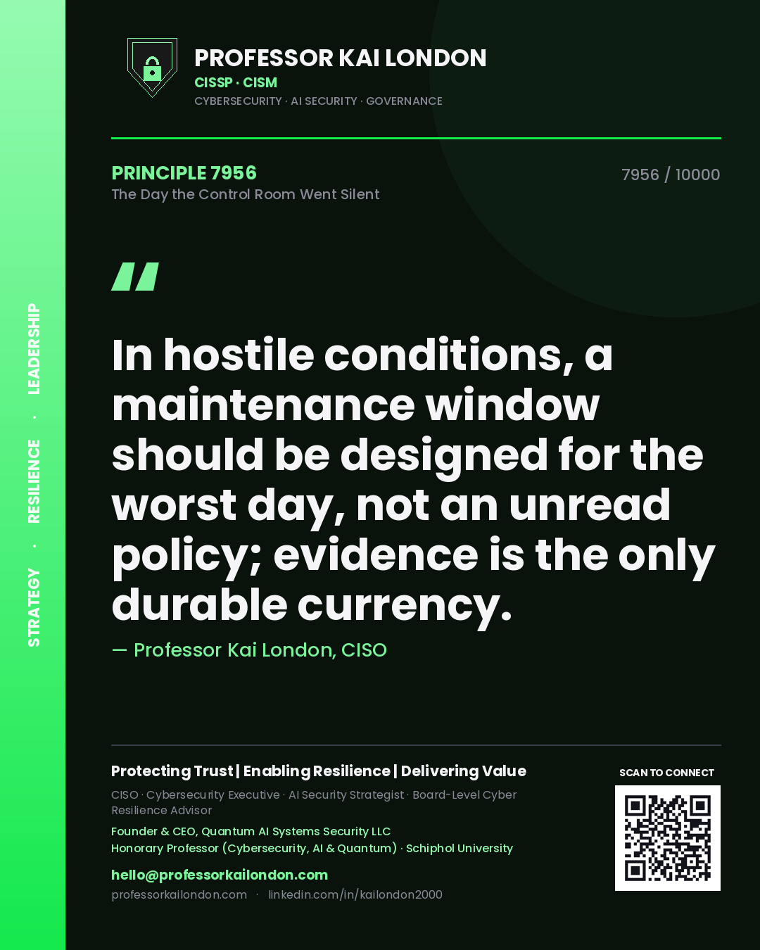 Professor Kai London principle 7956: In hostile conditions, a maintenance window should be designed for the worst day, not an unread policy; evidence is the only durable currency.