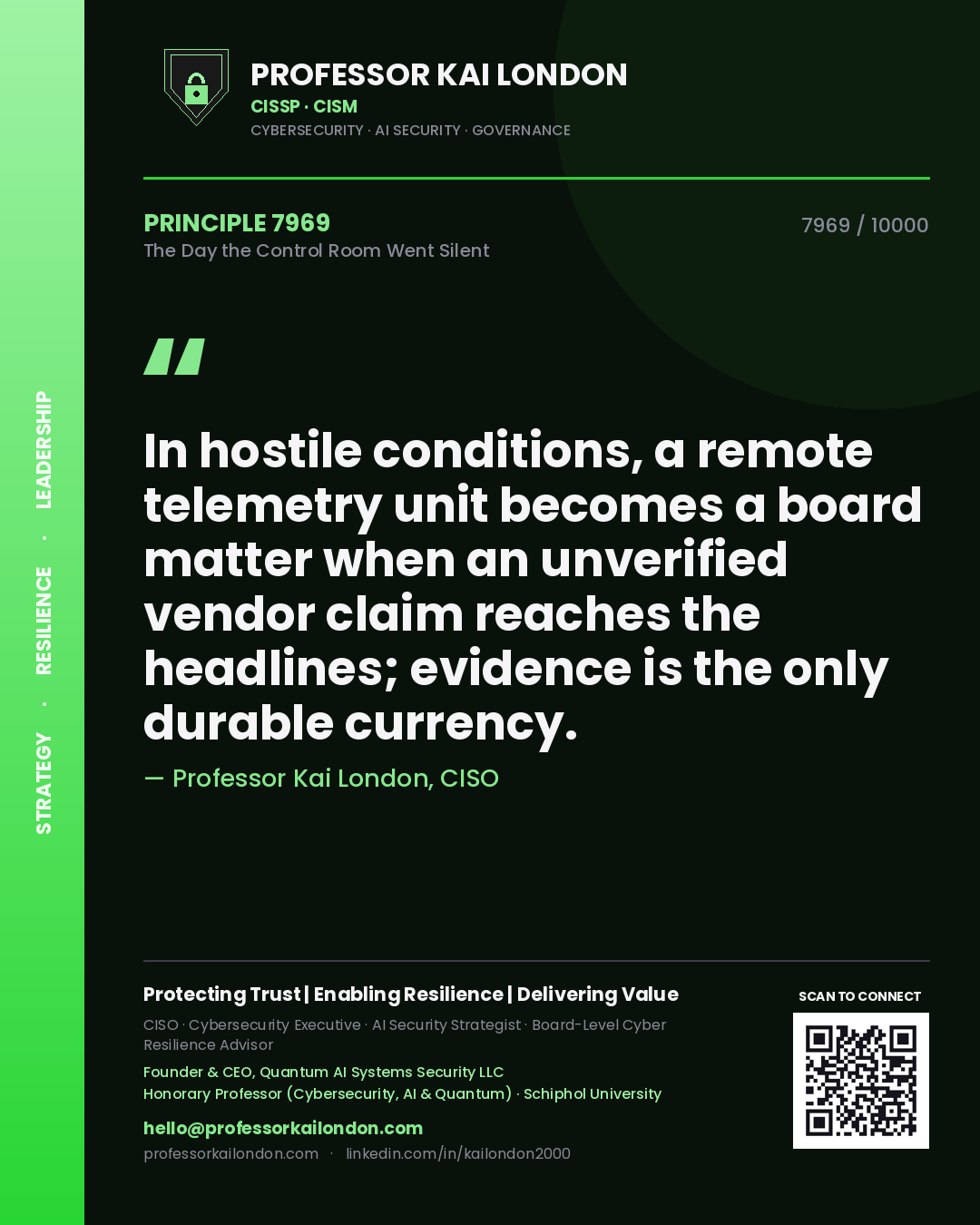 Professor Kai London principle 7969: In hostile conditions, a remote telemetry unit becomes a board matter when an unverified vendor claim reaches the headlines; evidence is the only durable currency.