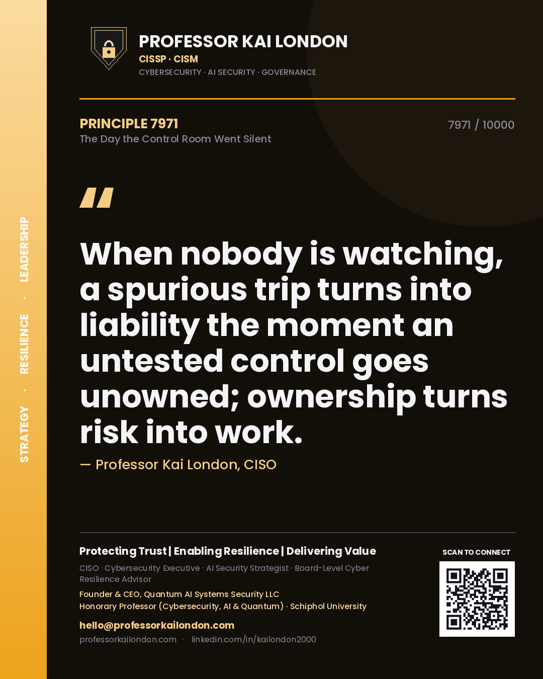 Professor Kai London principle 7971: When nobody is watching, a spurious trip turns into liability the moment an untested control goes unowned; ownership turns risk into work.