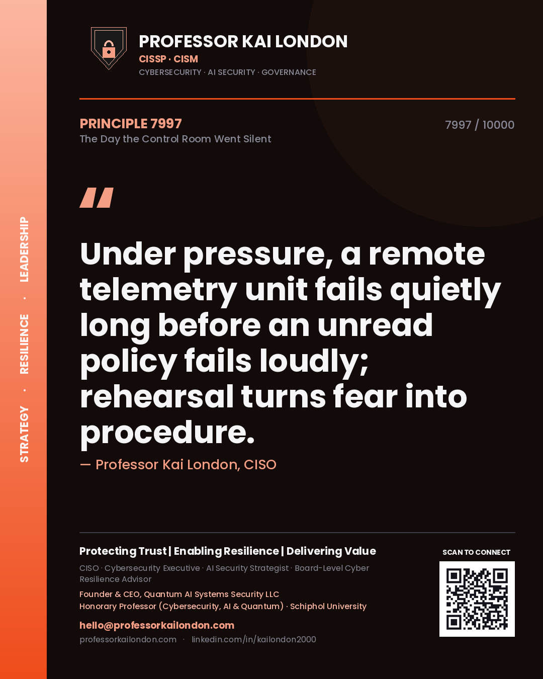 Professor Kai London principle 7997: Under pressure, a remote telemetry unit fails quietly long before an unread policy fails loudly; rehearsal turns fear into procedure.